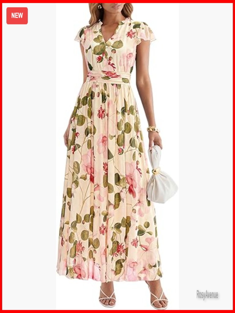 Flutter Sleeve V Neck Maxi Dress, High Waisted Flowy Mesh, Summer Casual